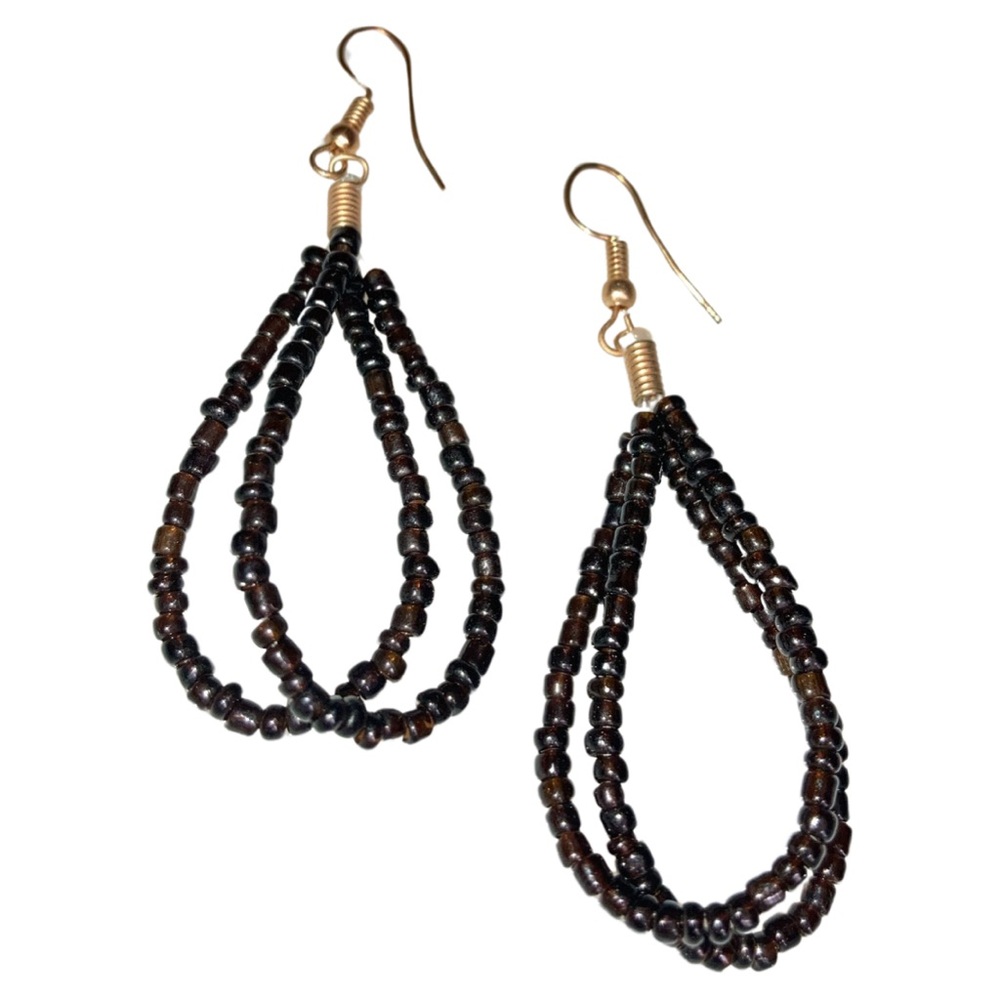 VTG GLASS Seed Beads - Brass Hooks - Pierced Earrings - Black